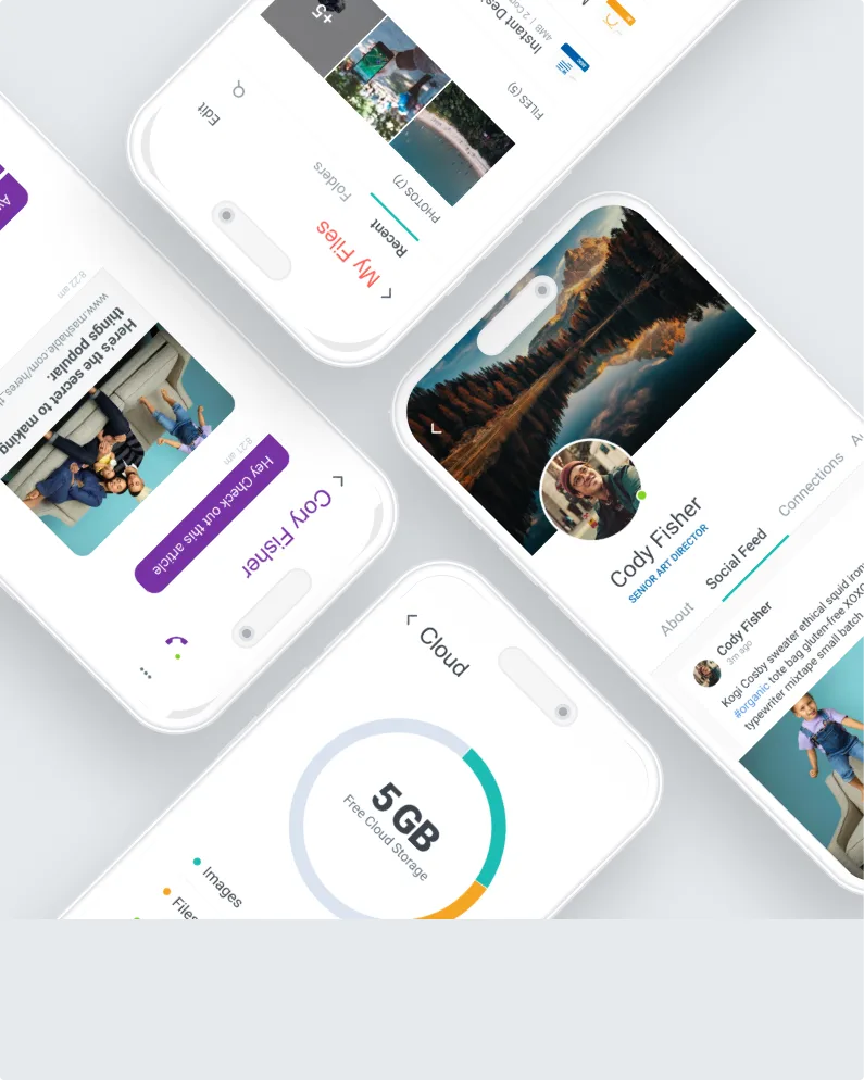 Businessfriend mobile app — profile, messenger, cloud storage, and files screens on tilted phones.