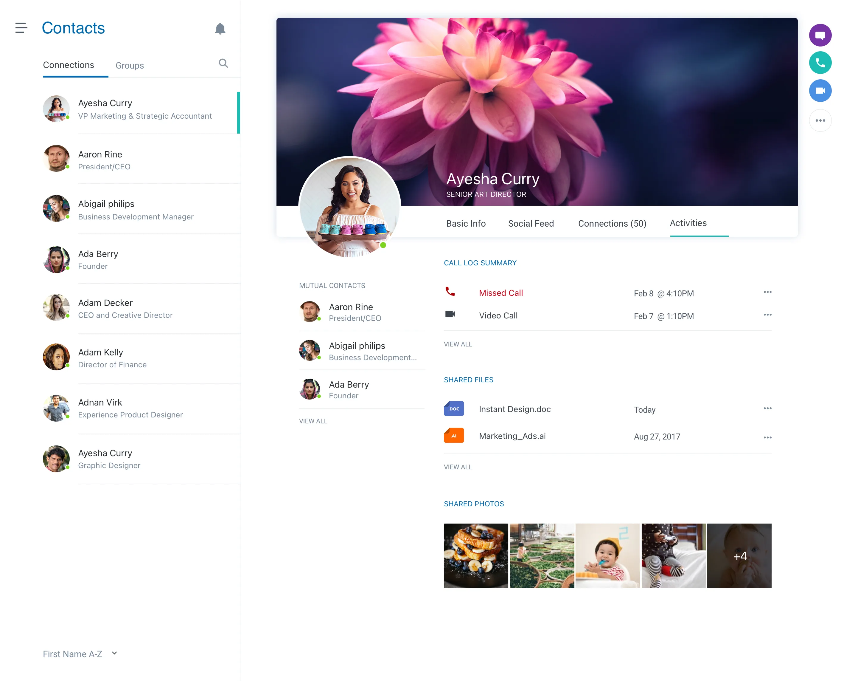 Businessfriend Contacts surface — connections list on the left, profile hero with photo and tabs (Basic Info, Social Feed, Connections, Activities), call log summary, shared files, and shared photos.