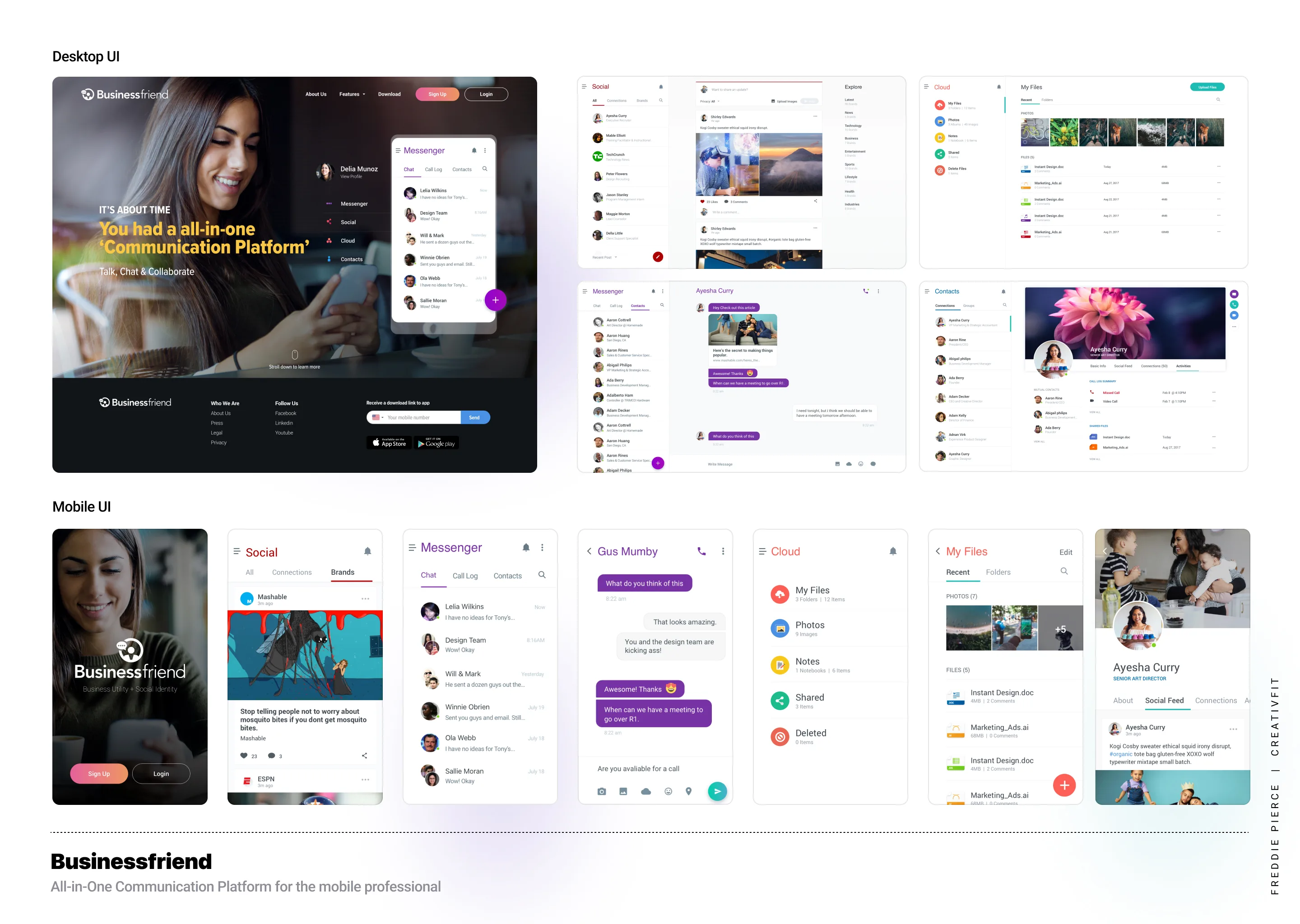 Businessfriend system overview — desktop UI grid above, mobile UI strip below, including Social, Messenger, Notes, Cloud, My Files, and Contacts surfaces.
