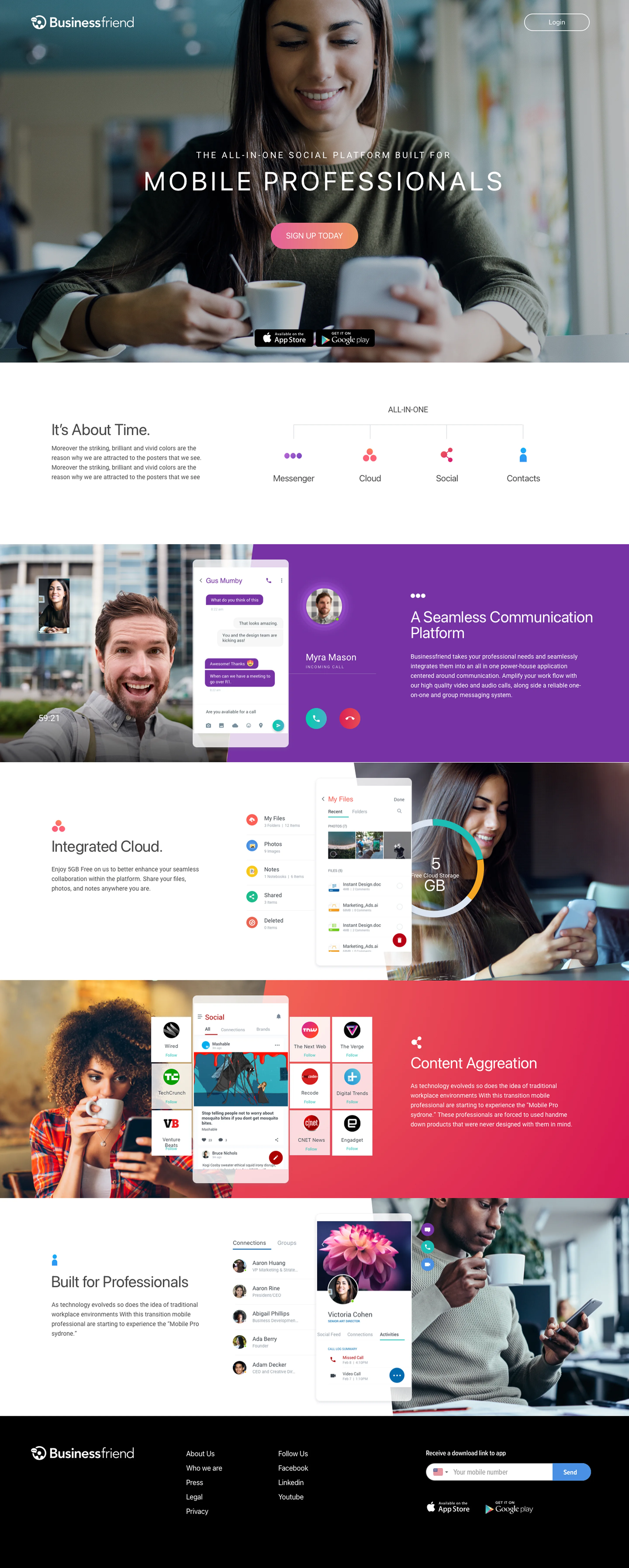 Businessfriend marketing site — long-scroll layout from Mobile Professionals hero through Seamless Communication, Integrated Cloud, Content Aggregation, and Built for Professionals.