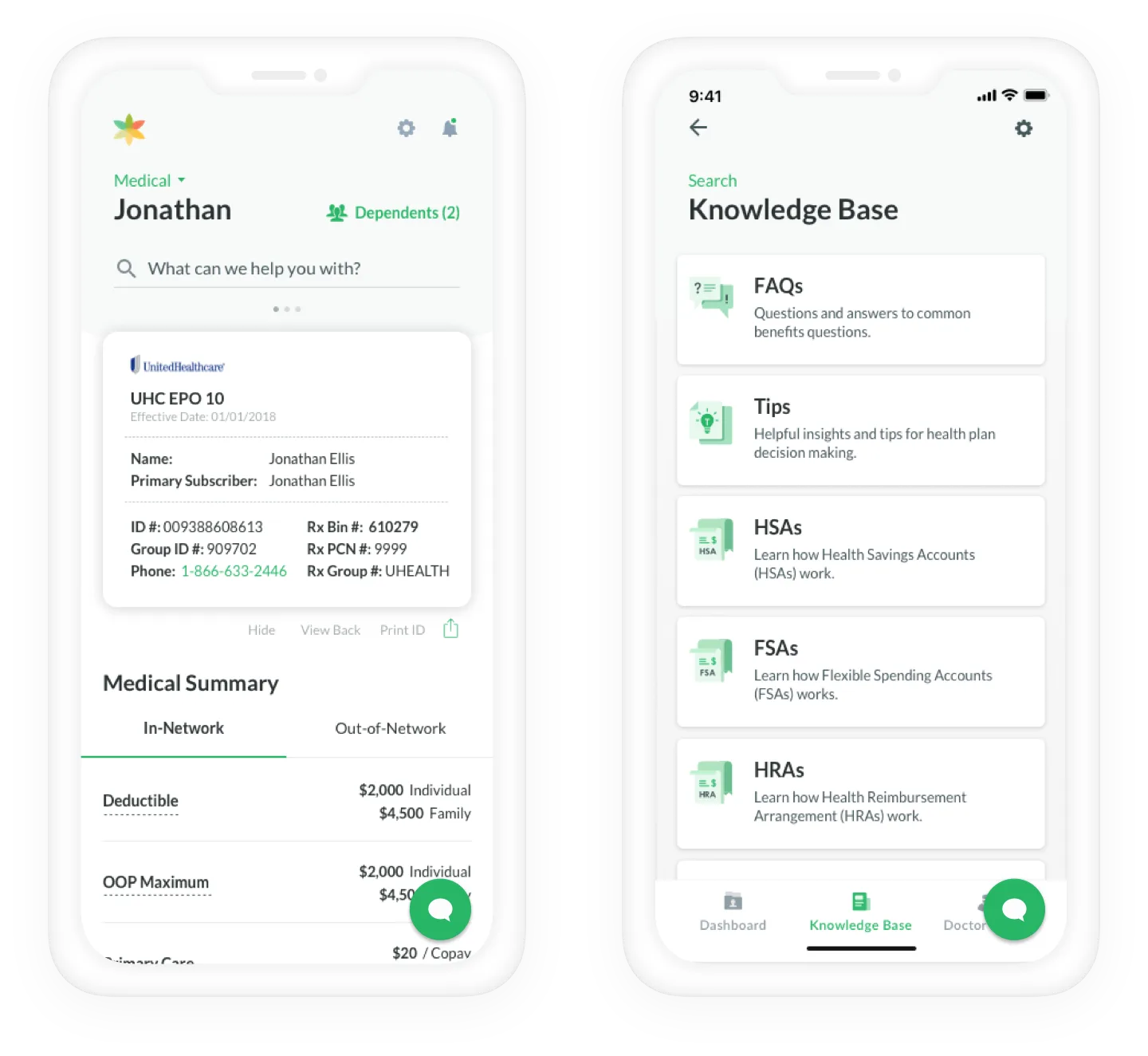 Lumity employee mobile app — medical insurance card view and knowledge base.