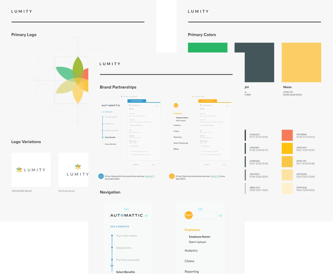 Lumity brand style guide showing primary logo, color palette, partner integrations, and navigation patterns.