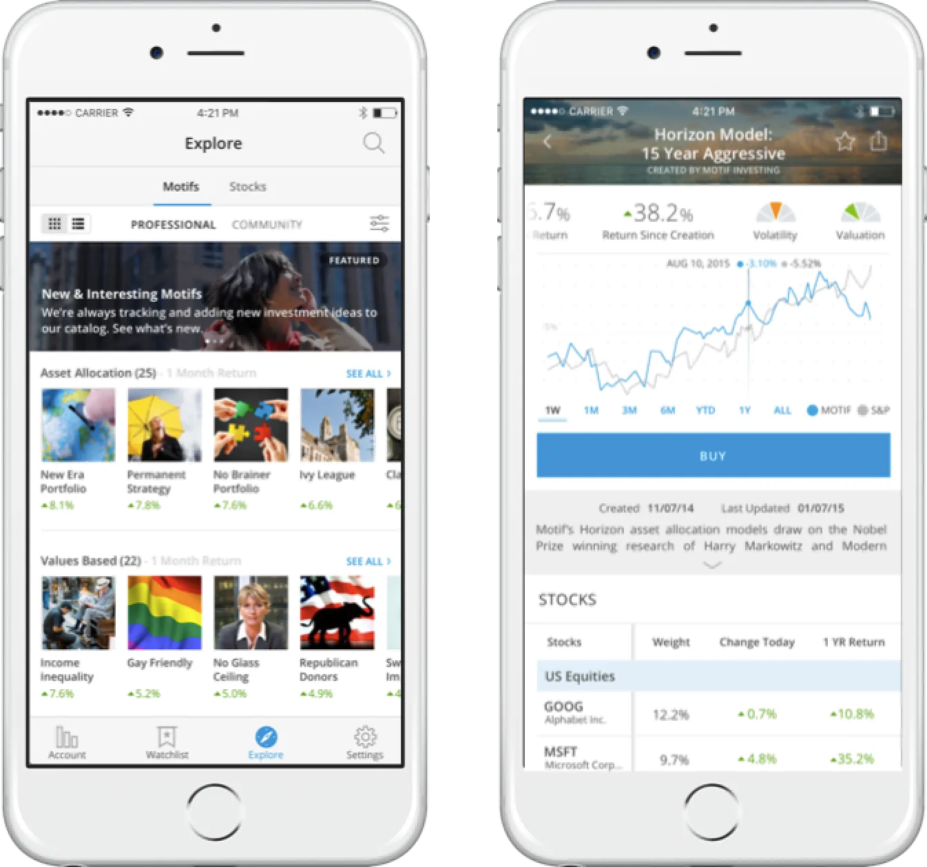 Investment plan and target allocations screen — projection scenarios, recurring deposits, and asset-allocation targets.