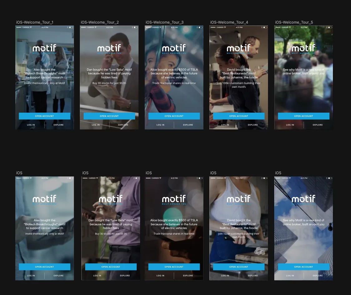 Ten variants of the Motif iOS welcome tour onboarding screens — five customer-story flows with photographic backgrounds and the recurring 'OPEN ACCOUNT / LOG IN / EXPLORE' CTAs.