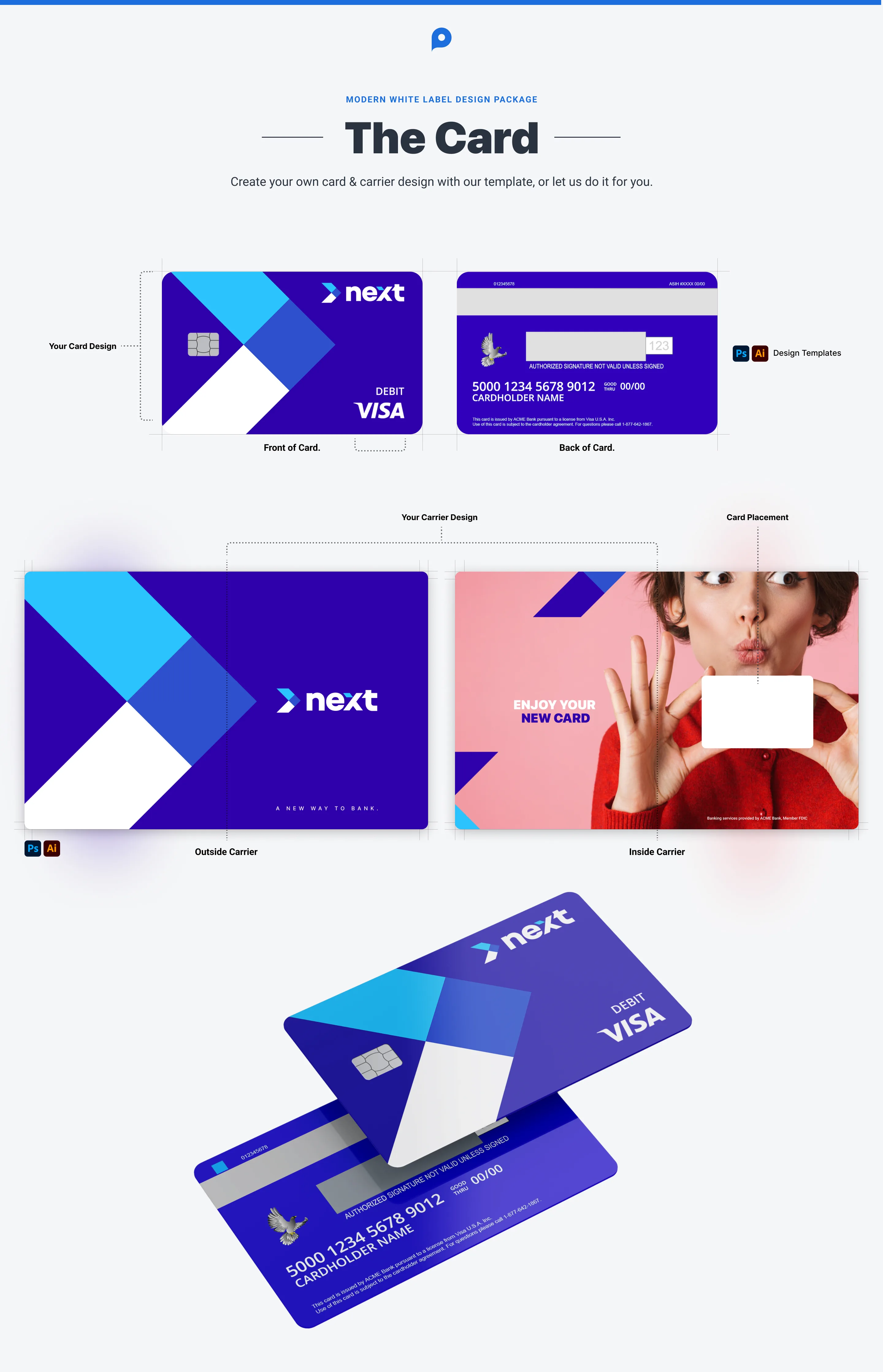Productfy white-label card design package — front, back, carrier templates, and marketing placement assets.