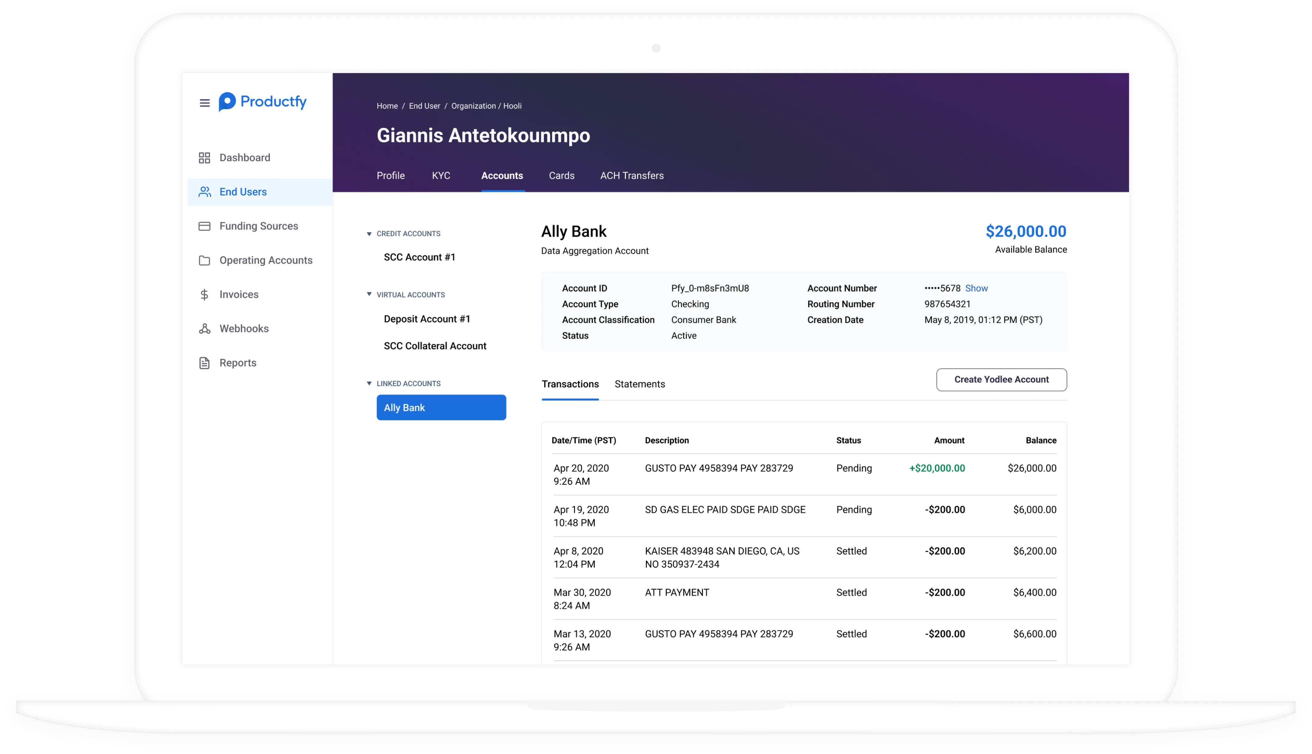 Productfy admin console — End Users view with profile, KYC, accounts, cards, and ACH transfers tabs.