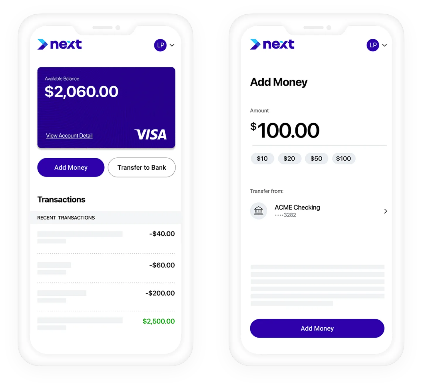 Productfy consumer mobile app — account balance and Add Money flow with quick-add amount chips.